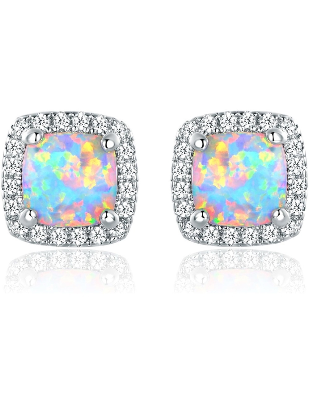 New! White Gold Plated Created Opal Stud Earrings